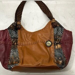 The Sak Red Indio Brown Leather Patchwork Faux Feather Print Bag Braided handles